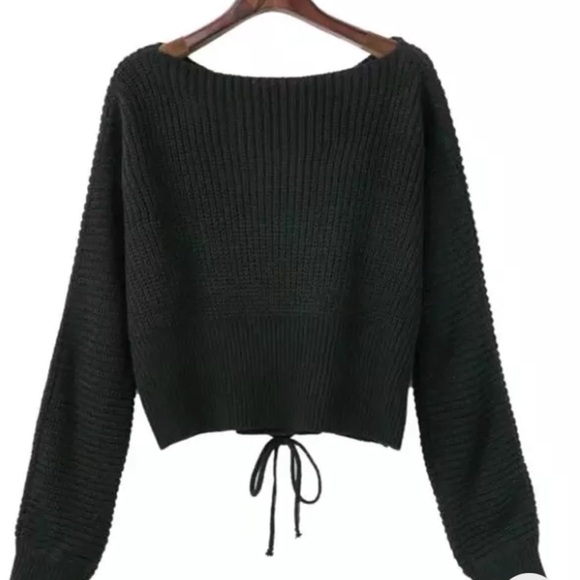 Lace Up Front Wide Neck Chunky Knit Sweater Top - Picture 2 of 6